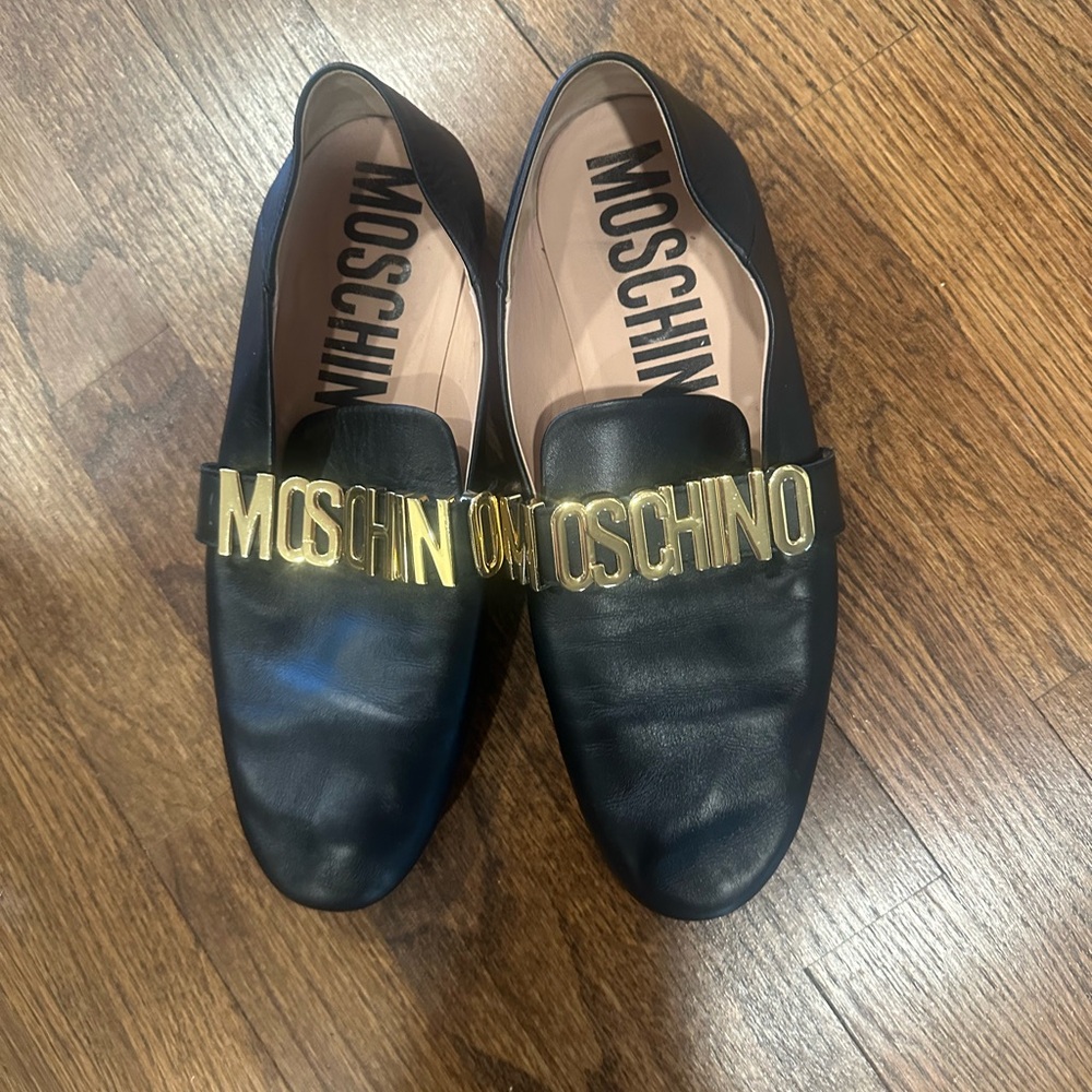 Moschino Black Loafers with Gold Accents